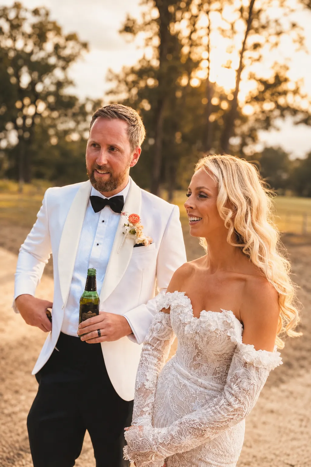 A bride and groom smiling together at golden hour on the farm track at Adeline Estate, a private Hunter Valley wedding venue