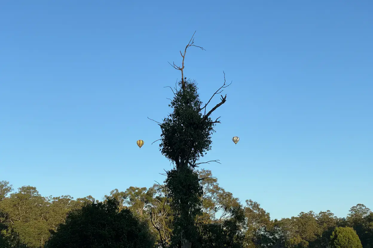 Cluster of celebration balloons tied to a gum tree on the lawn at Adeline Estate